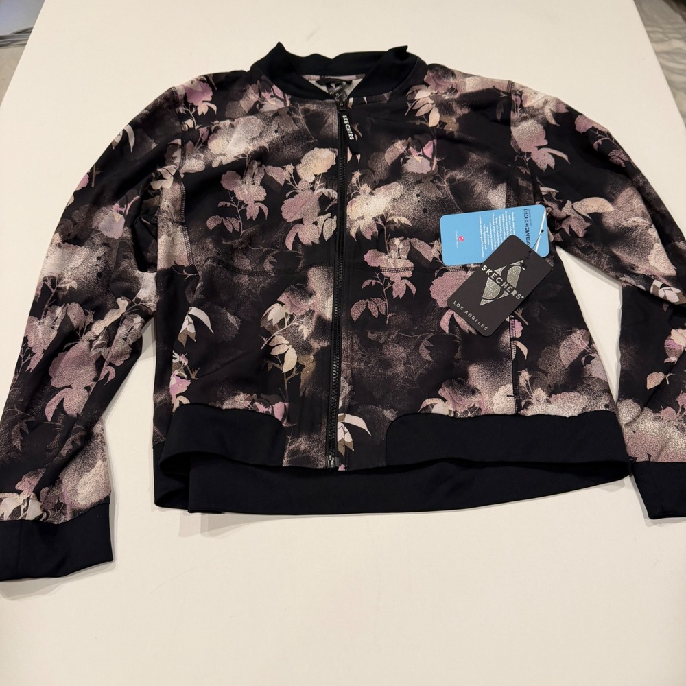 NWT Skechers Women XL Black Floral Bomber Jacket Skechweave Athleisure